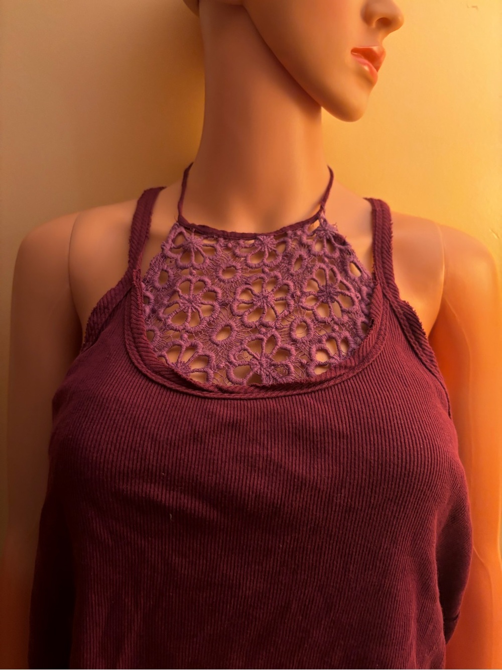 Free People Plum Crochet Halter Ribbed Camisole
